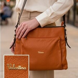 Valentina Orange Brown Leather Crossbody Bag